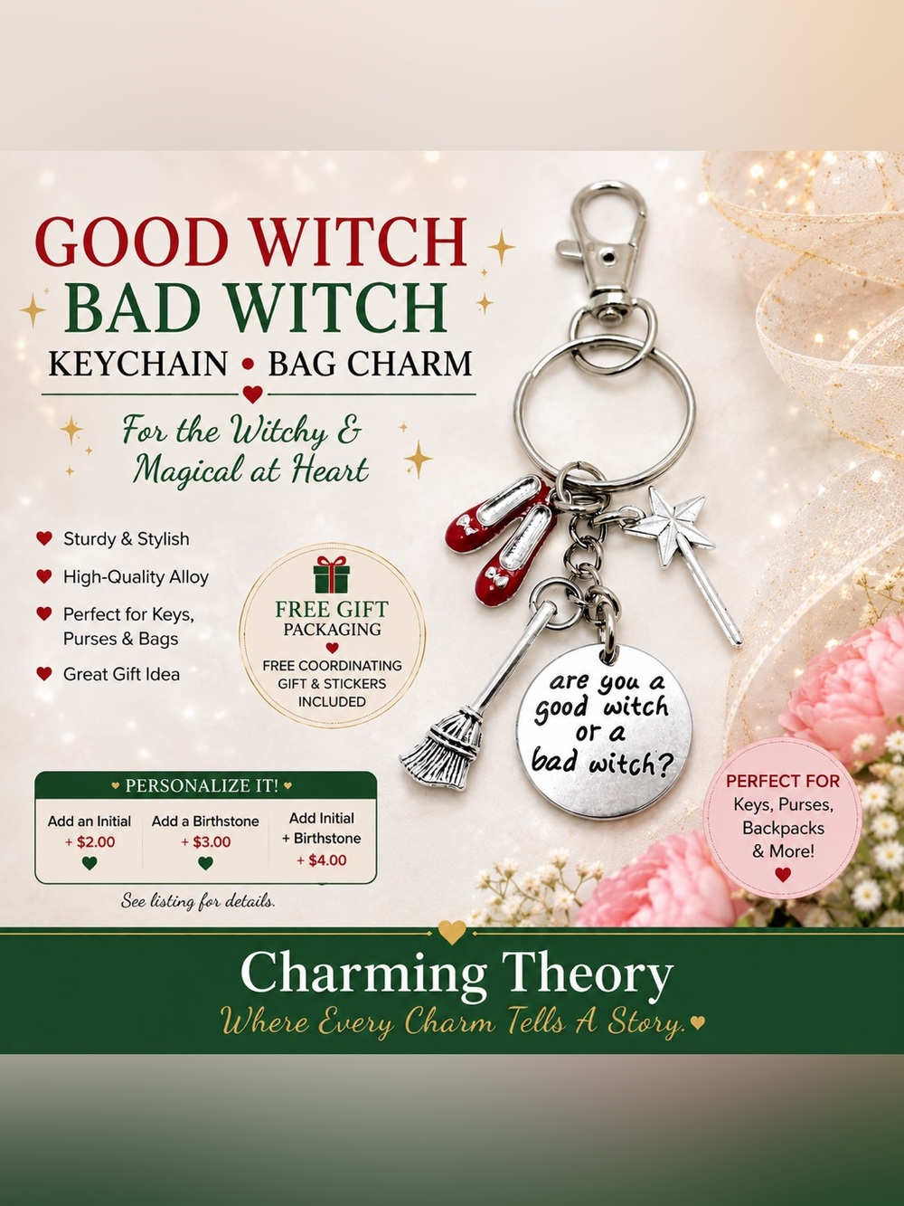 Good Witch Bad Witch Red & Silver Keychain Bag Charm